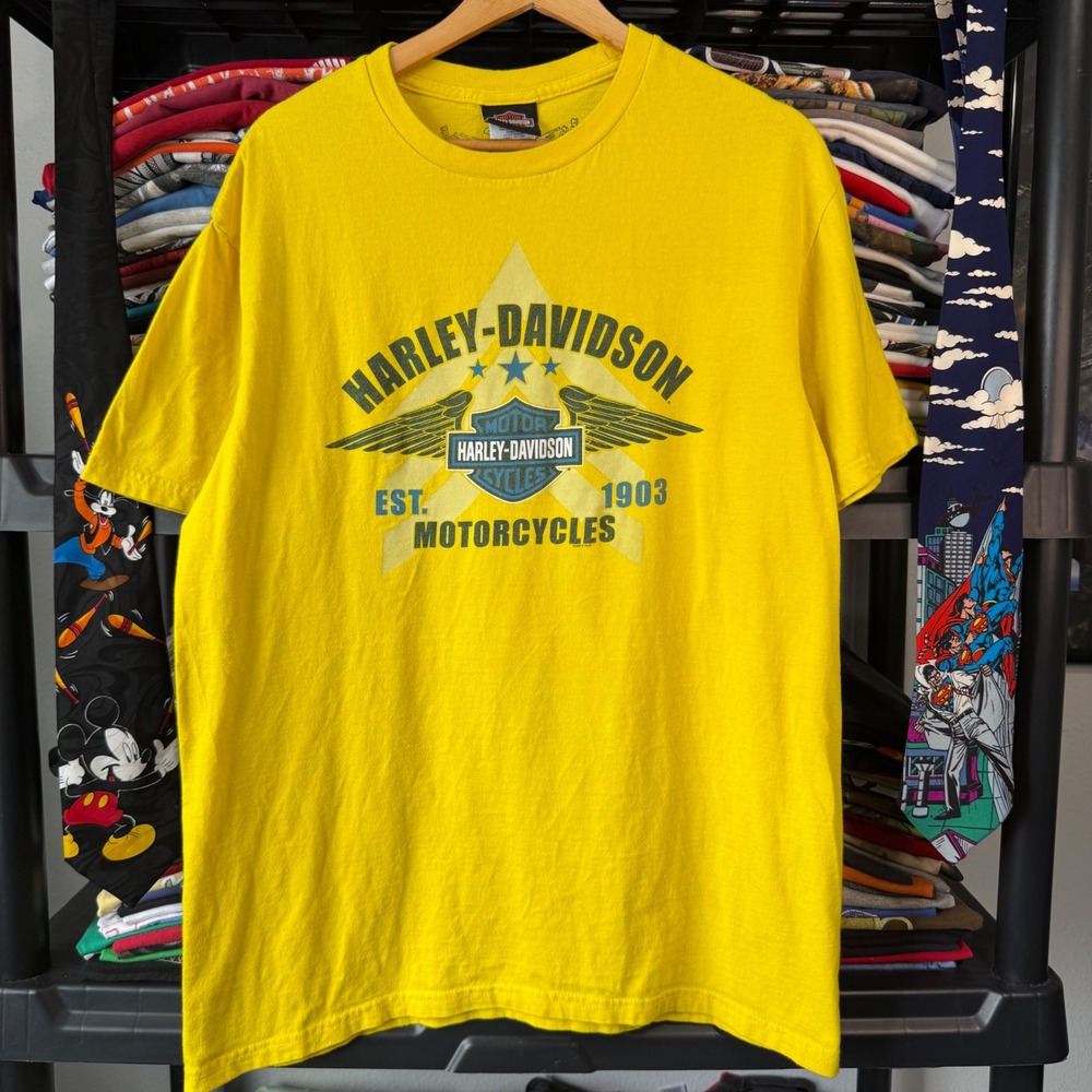 Y2K Yellow Harley-Davidson Horsepower Williamsport PA Graphic T-Shirt Large